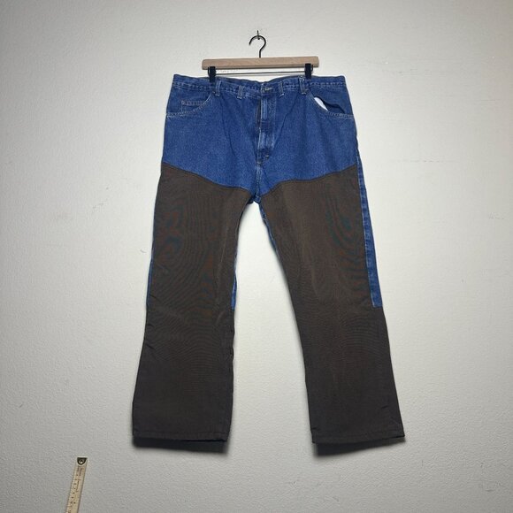 Pro Gear Wrangler Western Utility Denim Jean Pant Men 44x30 Blue Brown Outerwear - Picture 1 of 16